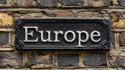 black sign with word "Europe" in silver letters affixed to multi colored brick wall