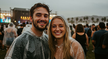 Young couple smiling together at outdoor music festival in rain