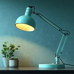 A green desk lamp illuminates a table surface and small plants