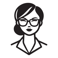 A woman wearing glasses, illustrated in a simple black and white style.