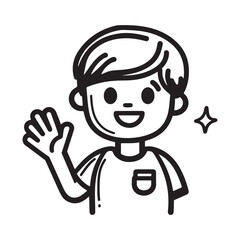 A cheerful boy waves hello in a simple black and white illustration.