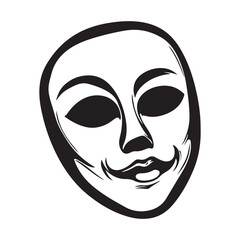 A smiling mask illustration in black and white, conveying a theatrical or mysterious mood.
