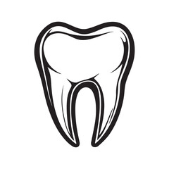 A stylized black and white illustration of a single tooth.