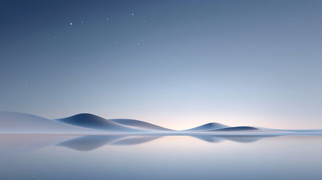 3D rendering of minimalist abstract landscape of mountains, lakes and lakes