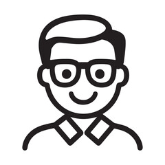 A smiling man wearing glasses, illustrated in a simple black and white style.