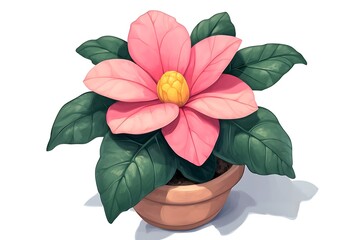 Obraz premium Potted Pink Flower Illustration, Lush Green Leaves, Warm Light, Isolated on White