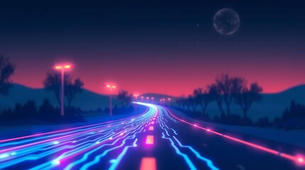 Futuristic Neon Highway Under Night Sky – Glowing Cyber Road with Pink and Blue Light Trails and Moonlit Background