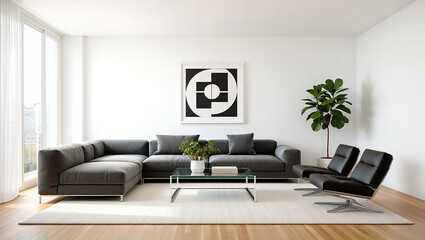 Modern living room interior with gray sofa and black chairs