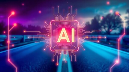 Artificial Intelligence Chip Symbol on Highway – Futuristic AI Technology on Road Concept