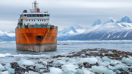 An Orange Ship Sitting In Icy Waters Near Snowy Mountains