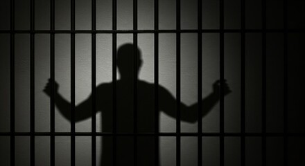 Shadow of a man standing behind prison bars. Concept of imprisonment and legal consequences. Symbolic image for criminal justice system.