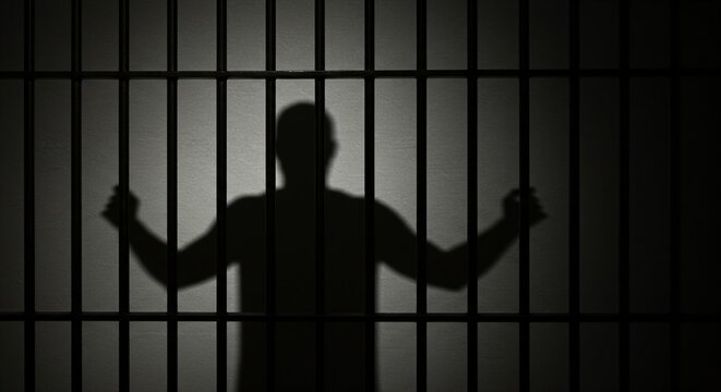 Shadow of a man standing behind prison bars. Concept of imprisonment and legal consequences. Symbolic image for criminal justice system.