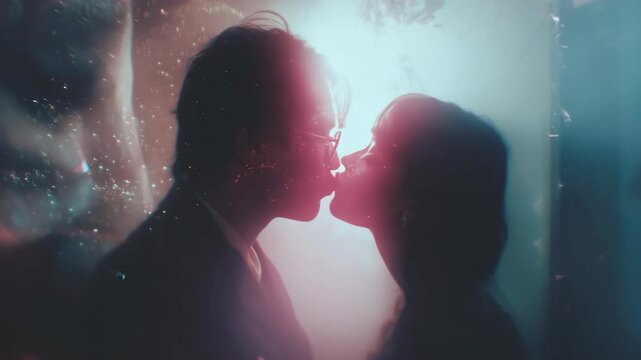 Romantic silhouette of cute couple. Soft, dreamlike magic atmosphere. Intimacy, emotions, feelings of first kiss. Loving date moment, love and connection. Romance, relationship, emotional depth.