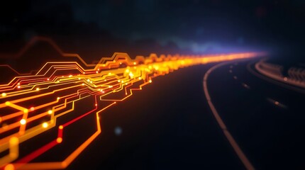 Futuristic Neon Highway Under Night Sky – Glowing Cyber Road with Pink and Blue Light Trails and Moonlit Background