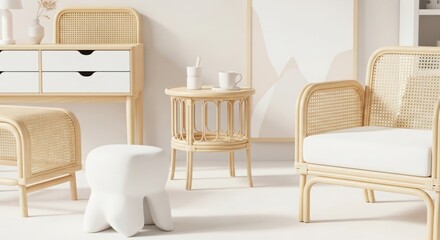 Obraz premium Stylish Rattan Furniture Set in a Modern, Light-Filled Room 