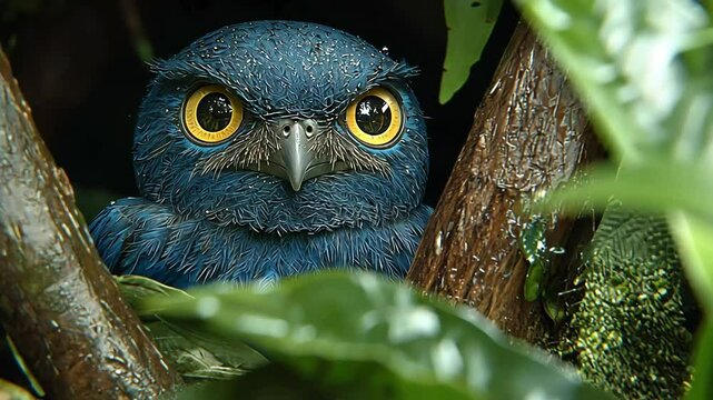 Close-up of a blue owl hiding in foliage