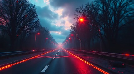 Futuristic Neon Highway Under Night Sky – Glowing Cyber Road with Pink and Blue Light Trails and Moonlit Background