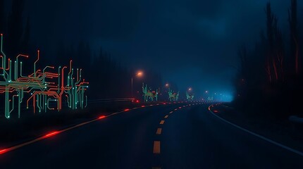Glowing Neon Highway at Dusk – Futuristic Road with Pink and Blue Lights in Evening Atmosphere