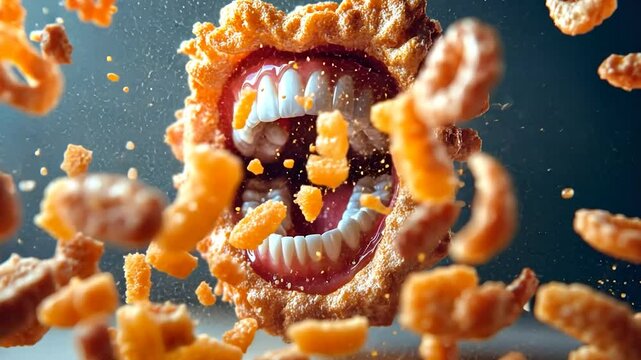 Mouthful of crispy snacks explodes