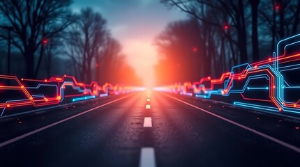 Futuristic Neon Highway Under Night Sky – Glowing Cyber Road with Pink and Blue Light Trails and Moonlit Background