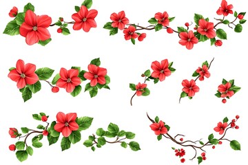 Set of Red Floral Branches with Blossoms and Berries Isolated on a White Background