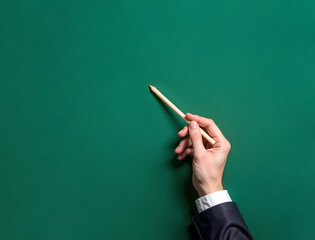 Hand Holding Pencil on Chalkboard Background. Teaching and Learning Concept