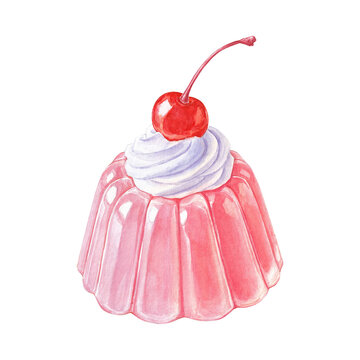 Watercolor pink jelly cake decorated whipped cream and cherry