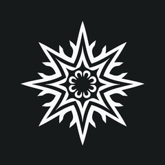 Fototapeta premium White snowflake design on black background symmetrical star pattern abstract floral art vector graphic shape icon silhouette