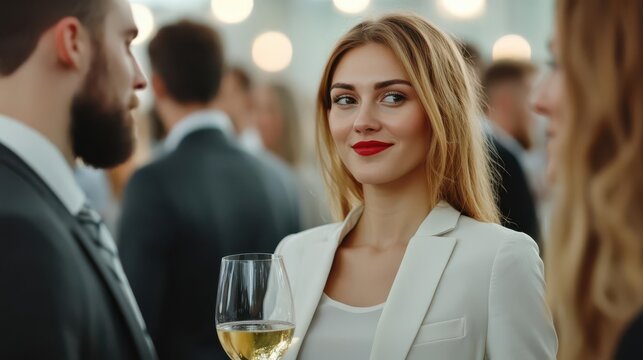Business-casual friends enjoying wine in a lively social event