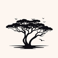 Silhouette tree landscape nature africa sunset birds scenic wildlife savanna illustration vector art design