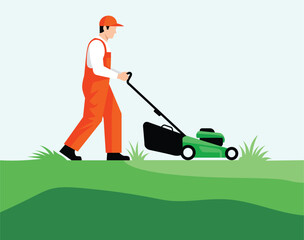 Gardener in Orange Overalls Mowing Grass with Lawn Mower Flat Vector Illustration