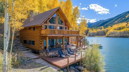 Fototapeta premium Luxurious log cabin lakeside retreat autumn scenery mountain view stunning fall colors