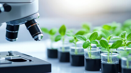Closeup of microscope focusing on young plants in laboratory containers, showcasing bioengineering and plant research