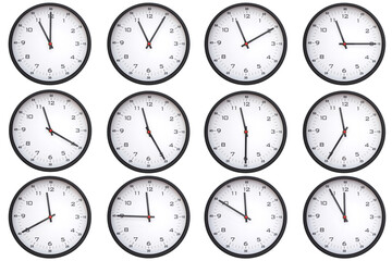 A collage of 12 analog wall clocks, each displaying a different from 11:00 to 11:55 or 23:00 to 23:55. Perfect for time management themes