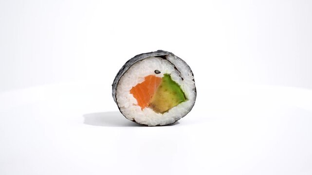 One sushi roll with avocado and salmon rotates on a white background. Sushi roll with salmon and avocado stands vertically on a white background. The colors of the ingredients stand out clearly.