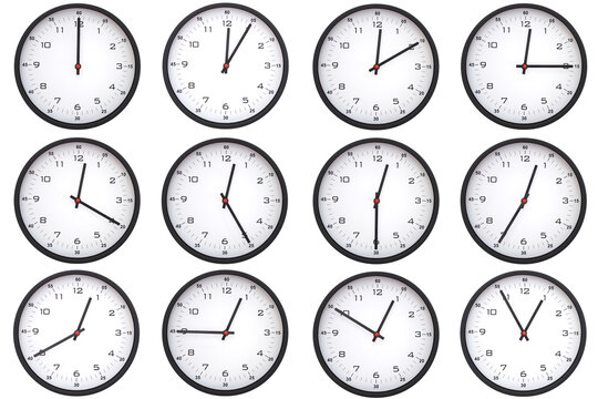A collage of 12 analog wall clocks, each displaying a different from 00:00 to 00:55 or 12:00 to 12:55. Perfect for time management themes
