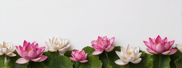 Lotus flowers border on white background with copy space. Zen meditation, yoga practice, spiritual growth concept. Greeting card for International Yoga Day, World Mental Health Day. High quality