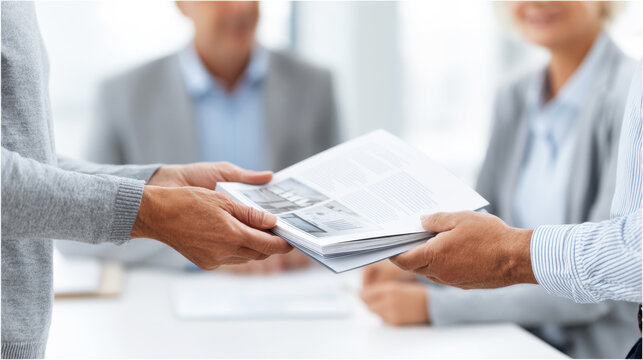 Professional meeting features presentation of marketing brochure and catalog, highlighting collaboration and strategy in modern business setting