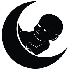 Sweet Dreams Sleeping Baby in Crescent Moon Silhouette Illustration