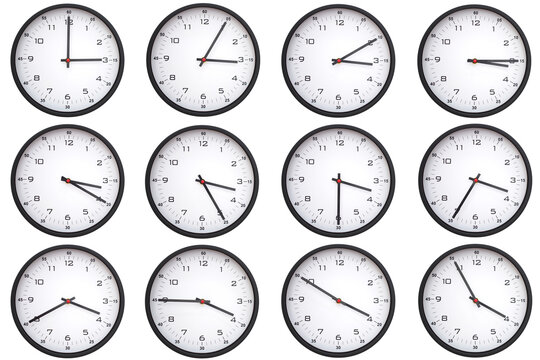 A collage of 12 analog wall clocks, each displaying a different from 03:00 to 03:55 or 15:00 to 15:55. Perfect for time management themes - Powered by Adobe