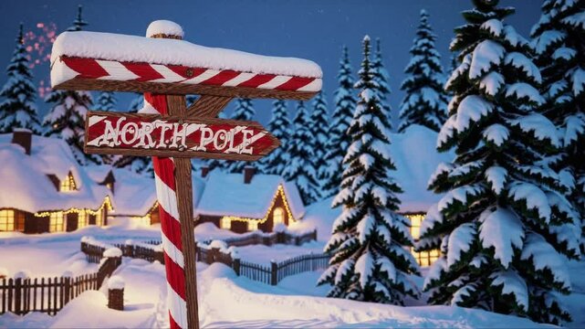 North Pole signpost in a snowy winter village at night  