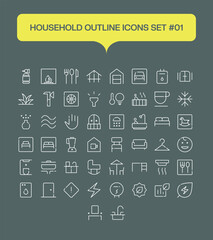 Household Outline Icons Set – Vector Line Art of Home Items, Furniture, and Domestic Essentials