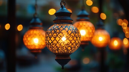 Illuminated ornate lanterns hanging outdoors at night.