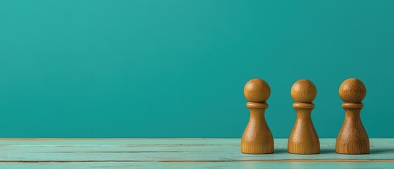 Wooden game pieces lined up on a teal background