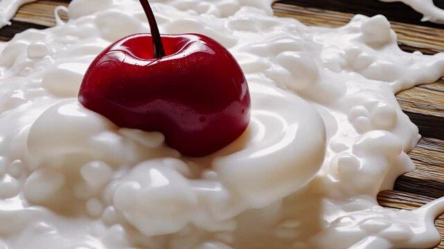 Single cherry in white substance