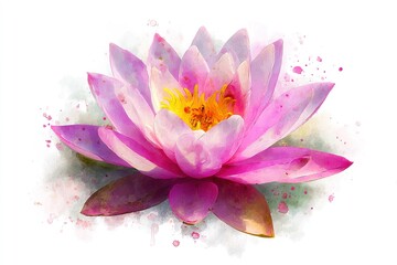 Watercolor lotus flower with pink petals and yellow center on white background. Zen meditation and yoga concept. Buddhist symbol for World Yoga Day, Vesak Day, mental health. High quality