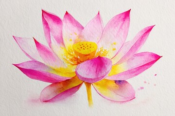Watercolor lotus flower with pink petals and yellow center on white background. Zen meditation and yoga concept. Buddhist symbol for World Yoga Day, Vesak Day, mental health. High quality