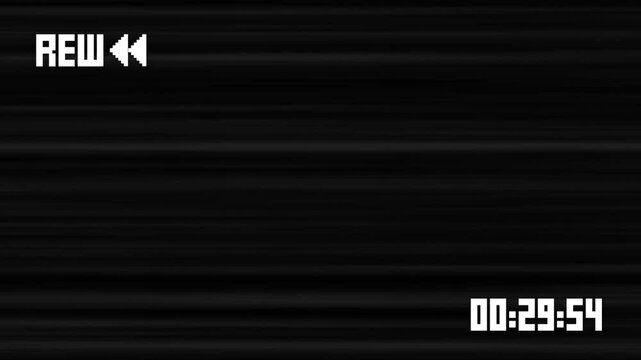 VHS tape rewind arrows icon symbol icon effect and noise. on 4k Black Screen Film overlay animation with time code on screen retro vintage loop alpha channel Reverse Film