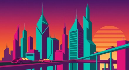 Obraz premium Cityscape Sunset Panorama - Vibrant cityscape at sunset, featuring stylized buildings and elevated roadways. Cars travel along the highway