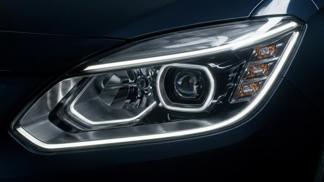 Detailed view of a modern car headlight with bright led daytime running lights and projector system